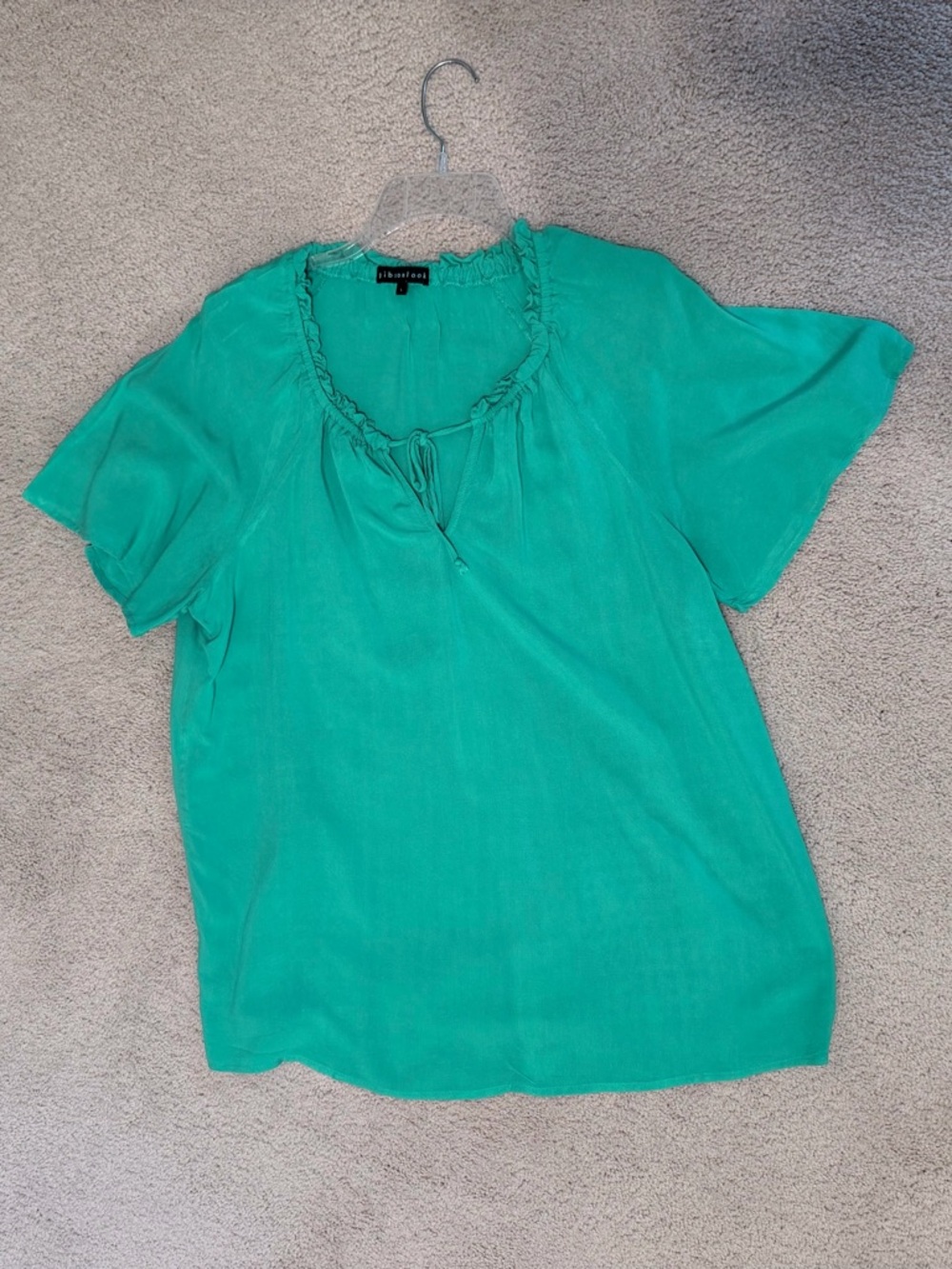 Teal Green Ruffled Scoop-Neck Short Sleeve Blouse